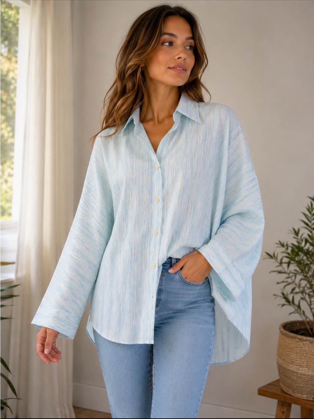 Calvin Klein Aqua White Abstract Stripe Button Down Blouse Medium NWOT Oversized